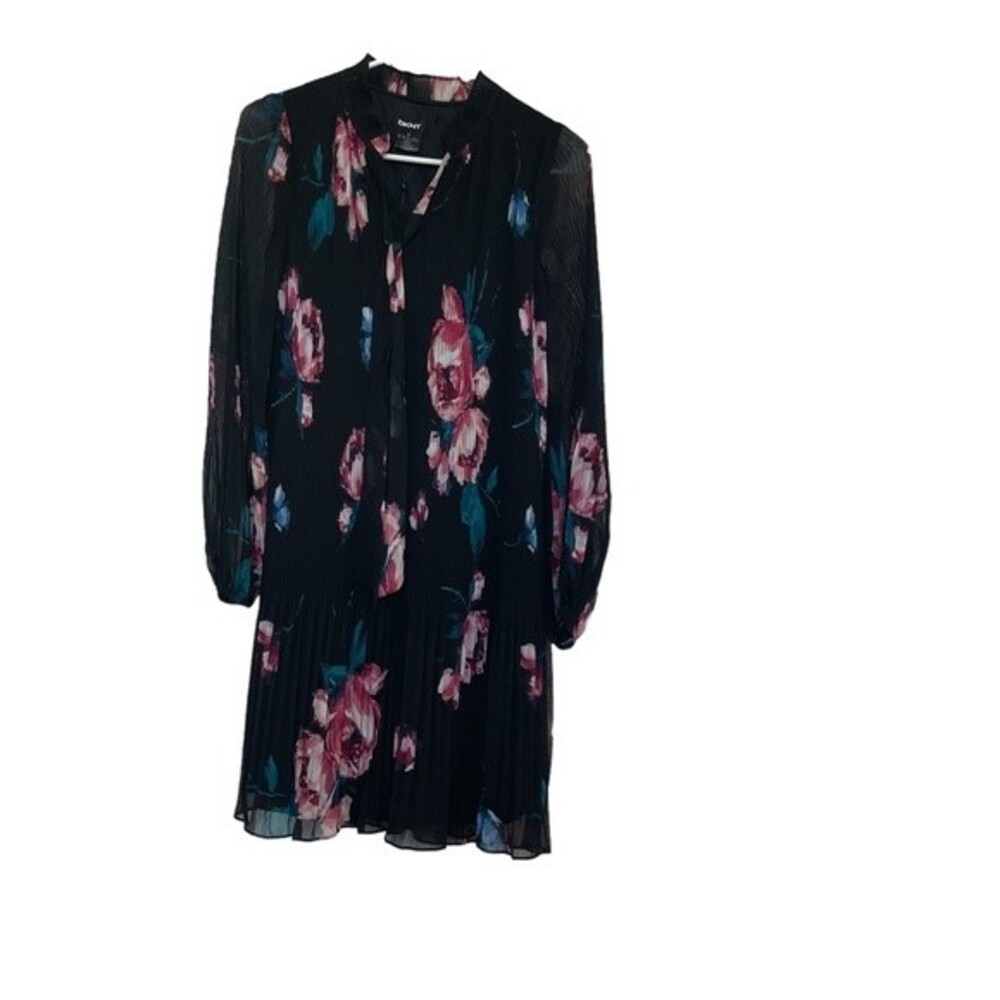 NWT DKNY Black & Pink Floral Pleated Dress. Size 8P.